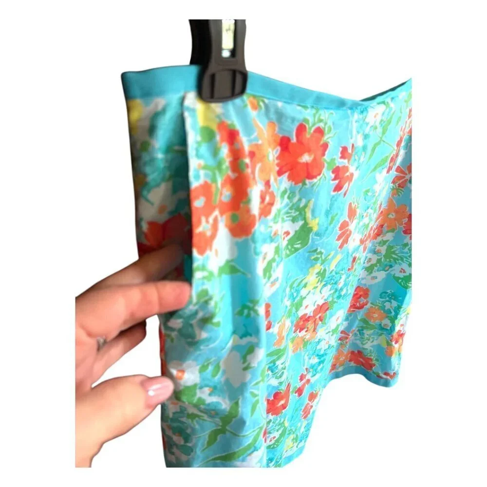 L.L. Bean Favorite Fit Straight Skirt Bright Aqua Floral Summery Size 12